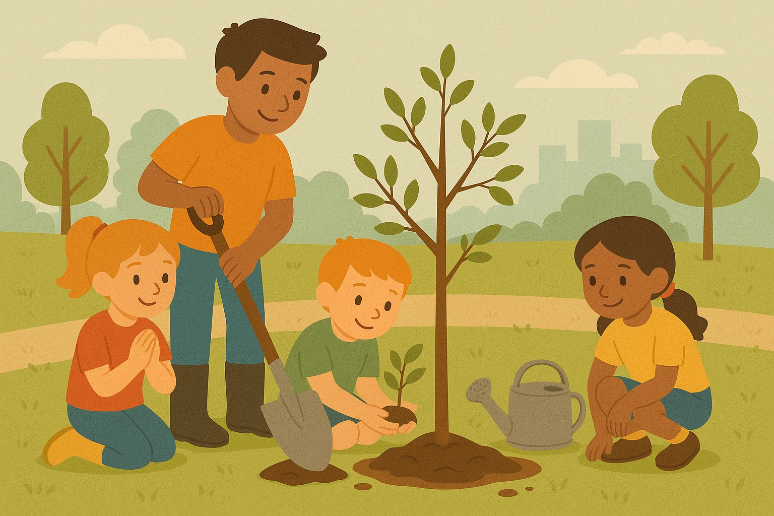 Niños plantando y cuidando plantas durante un taller de naturaleza y jardinería.