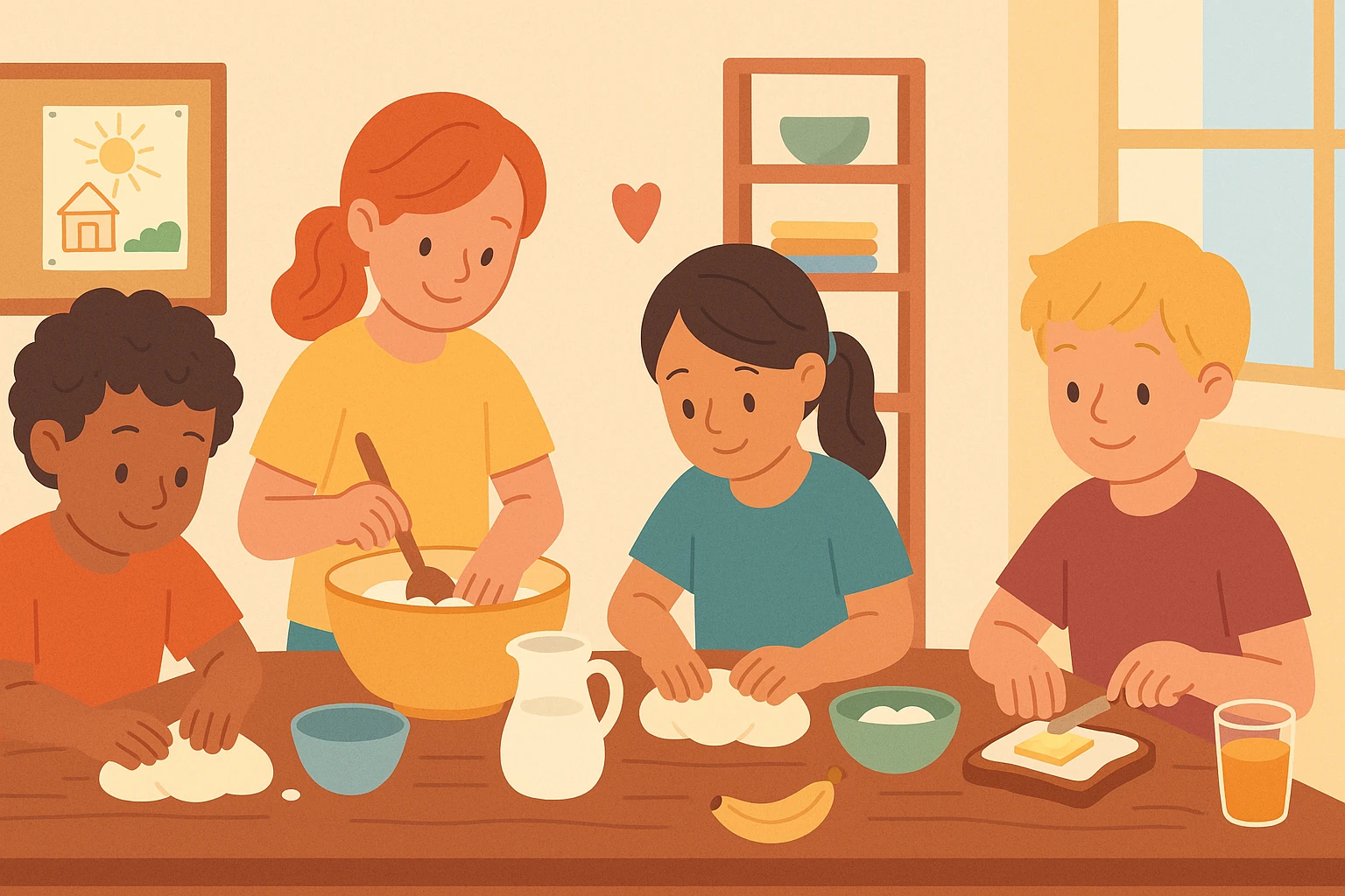 Niños preparando su desayuno en un taller de cocina infantil en la Escuela Libre y Feliz.