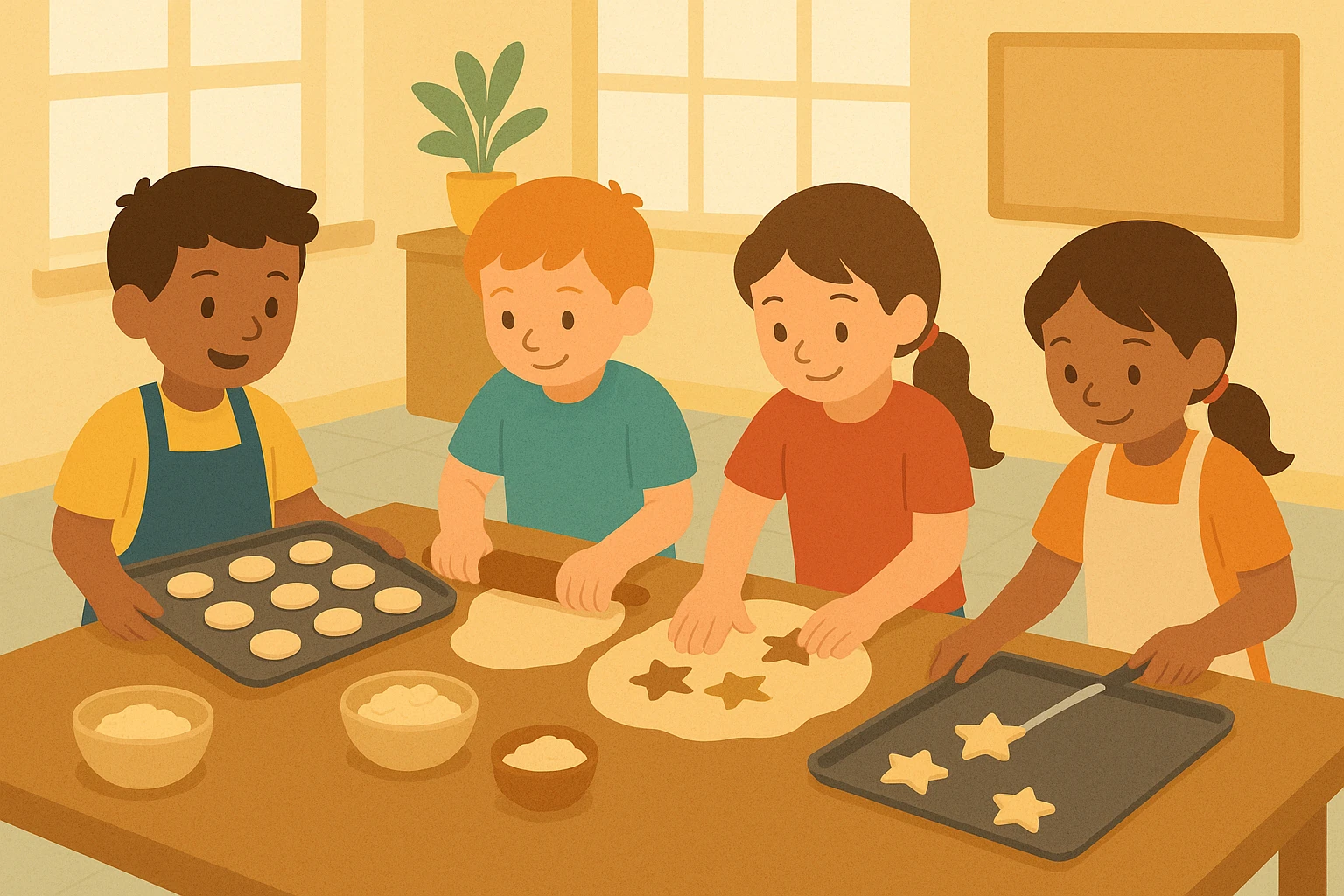 Niños cocinando y colaborando en un taller educativo de preparación de desayuno.