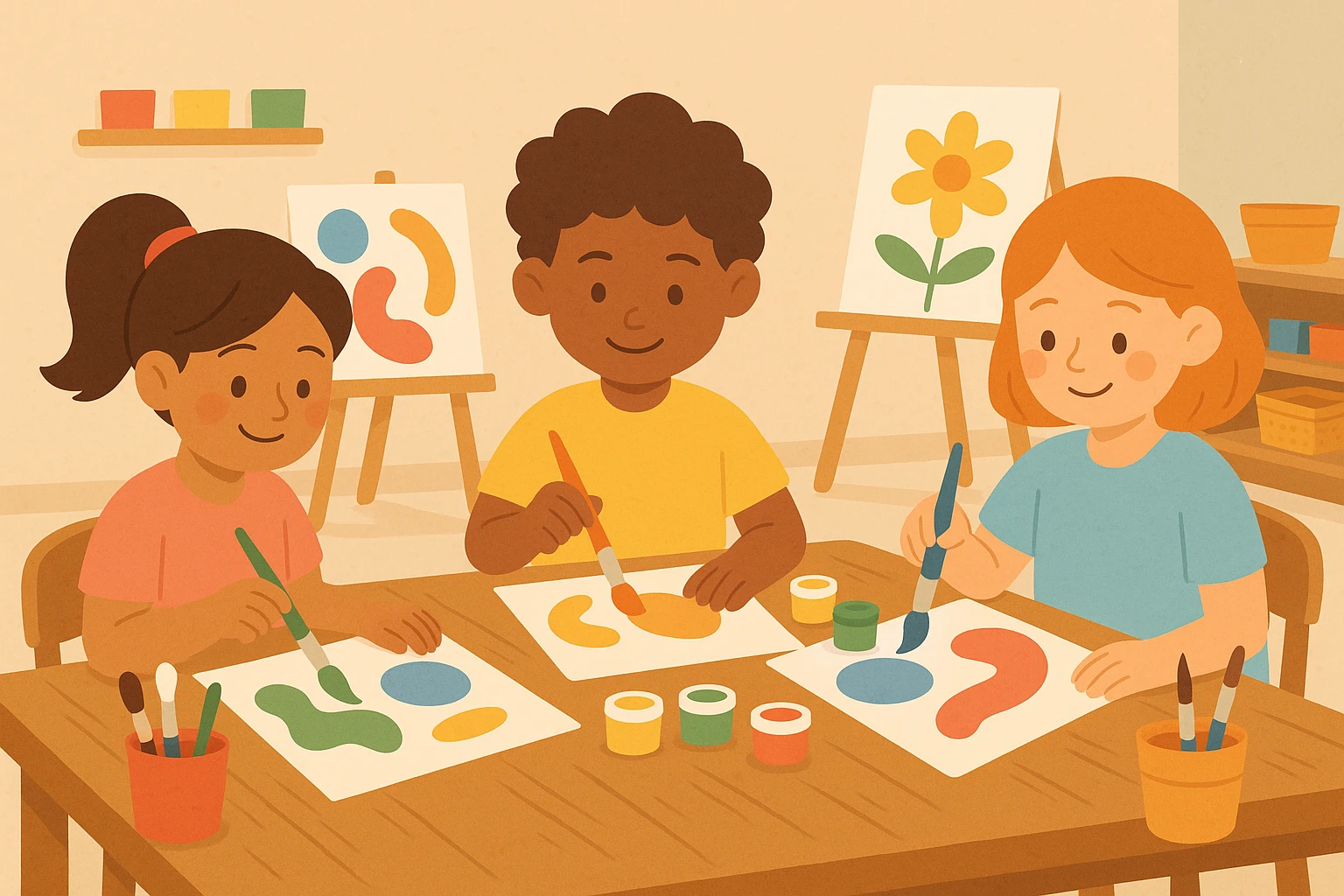 Niños realizando manualidades con masa sensorial en un taller creativo infantil.