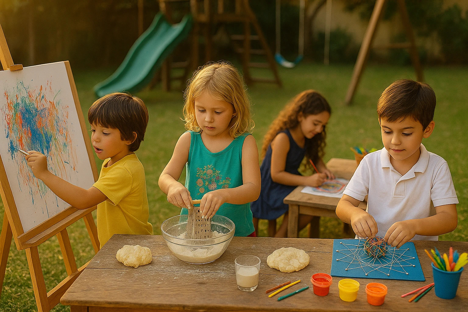 Niños jugando y creando en un ambiente educativo durante los talleres de verano.
