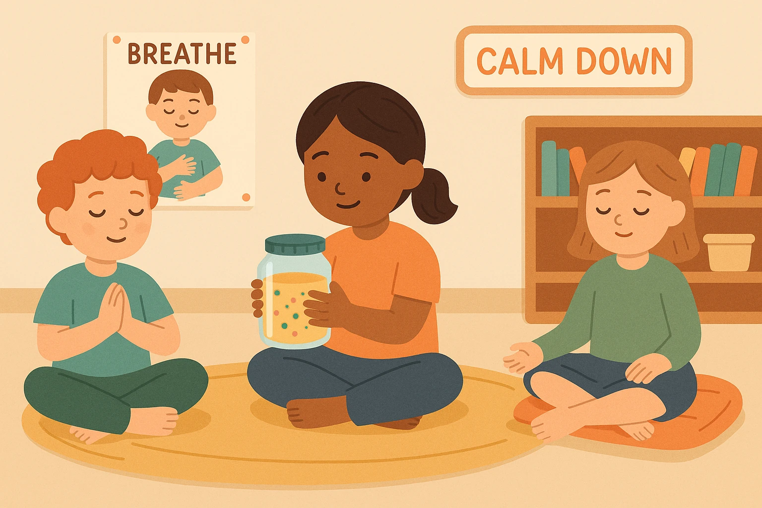 Niños practicando técnicas de autorregulación como respiración profunda y uso de frascos de calma.